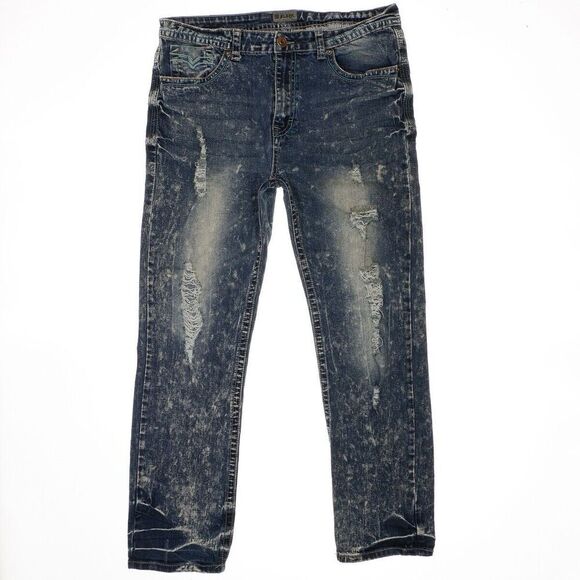CJ Black Mens Relaxed Straight Flex Jeans 36x32 Actual 35x28 Distressed Blue - Picture 1 of 11